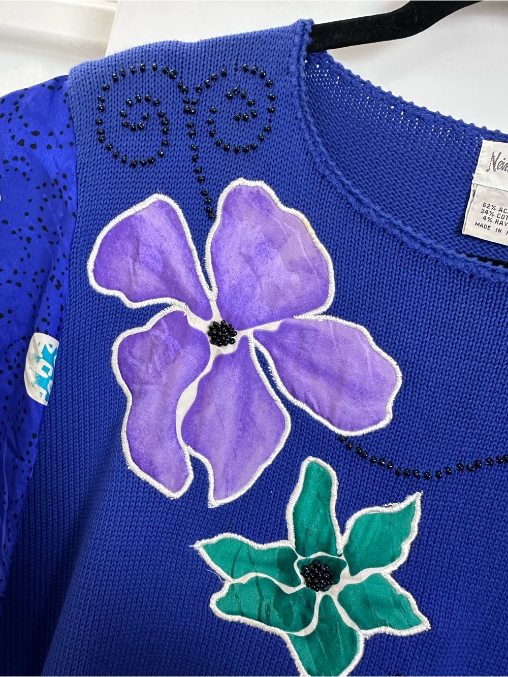Neiman Marcus Cobalt Blue Floral Applique Puff Sleeve Sweater - Picture 3 of 13